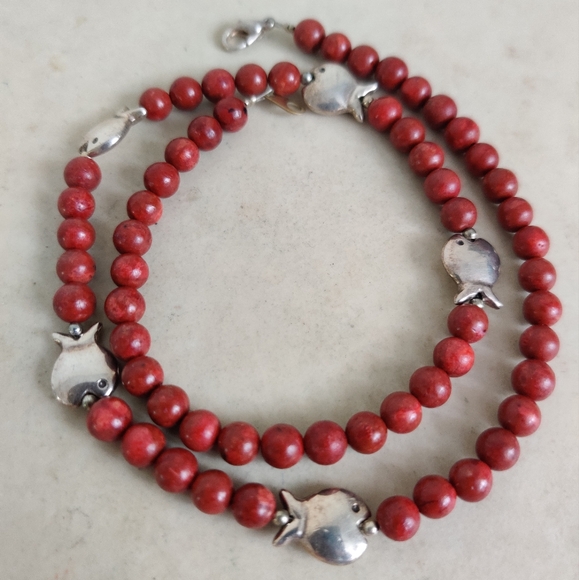 Handmade Genuine Red Corals and Silver Fish Beads Necklace OOAK - Picture 2 of 16